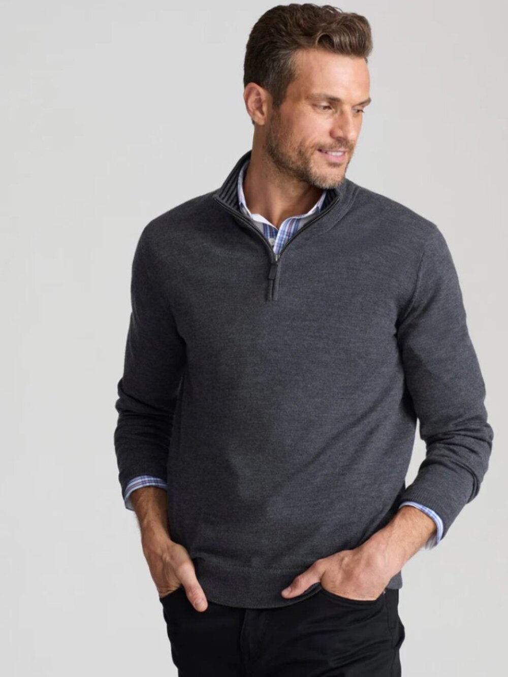 Untuckit Gray 100% Merino Wool Knit Quarter Zip Mockneck Sweater